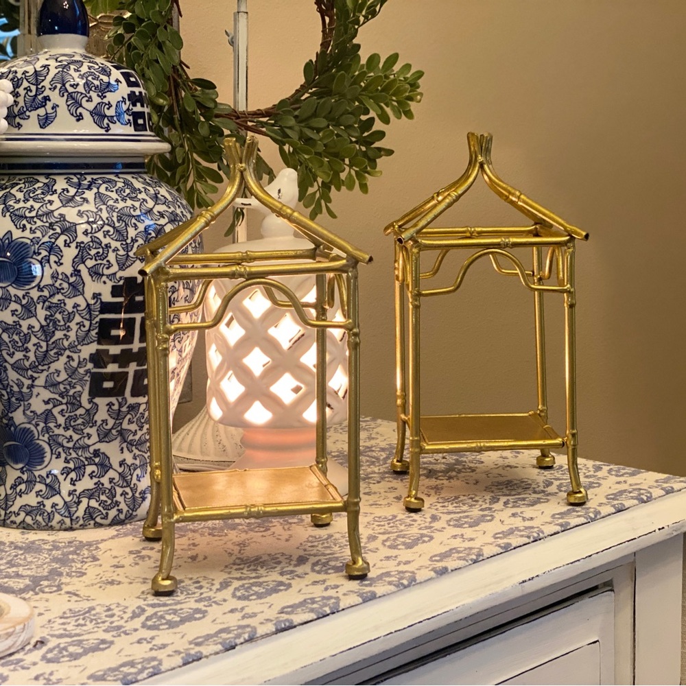 Set of Two Gold Metal Padoga Inspired Lanterns